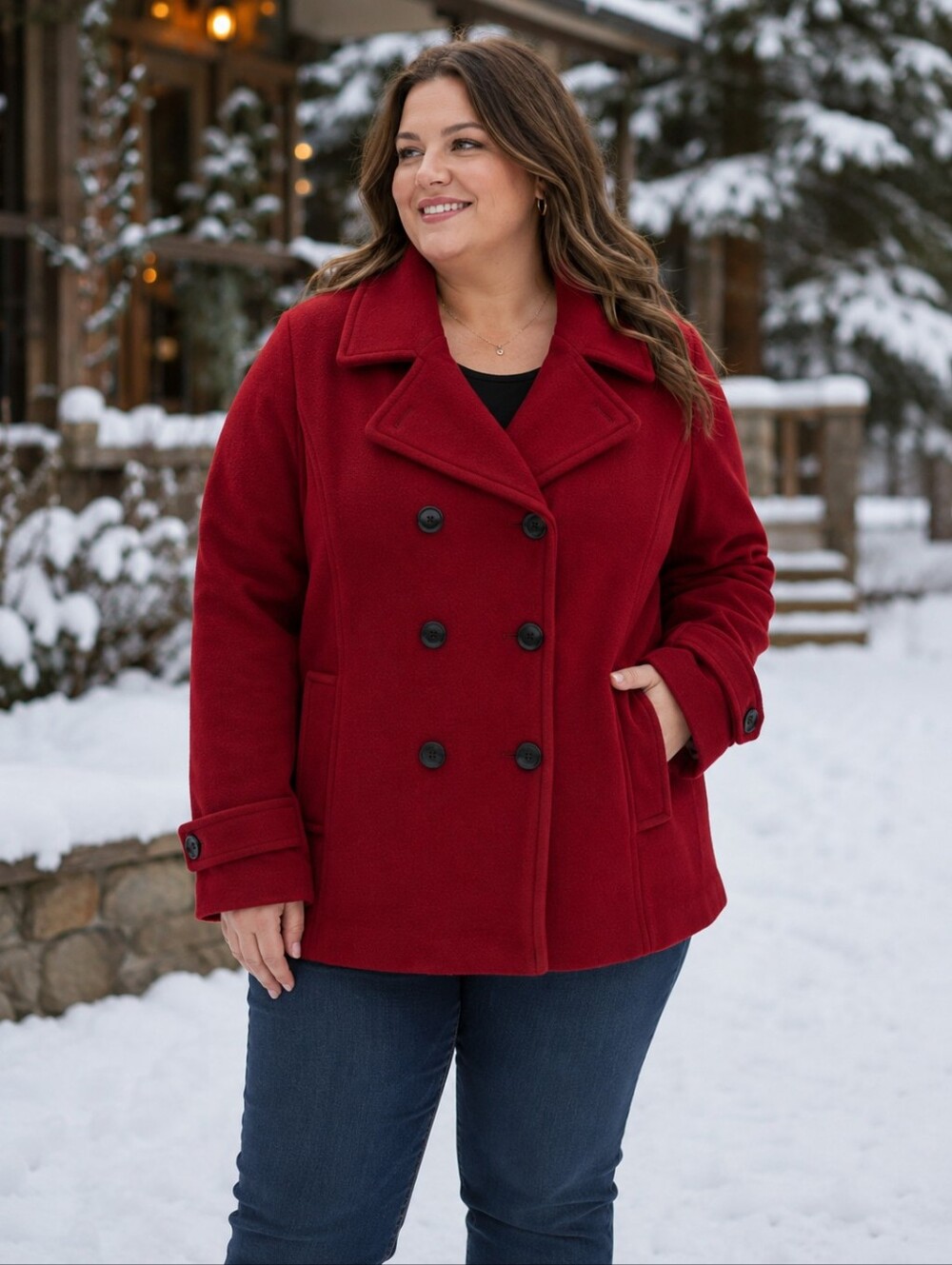 Cherry Red Land's End Red Pea Coat 18W Preppy Classic Quiet Luxury